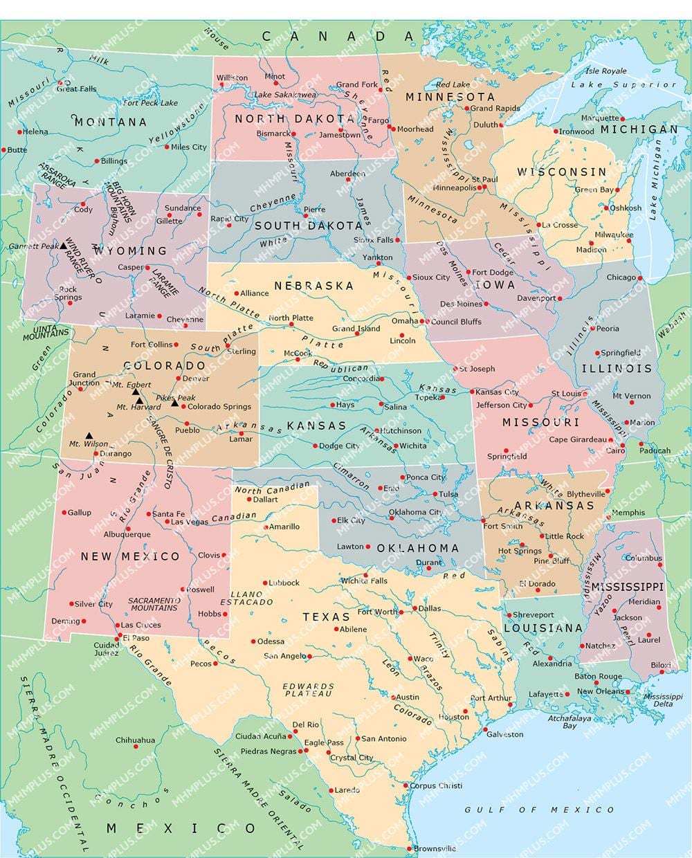 mapa środkowej części USA