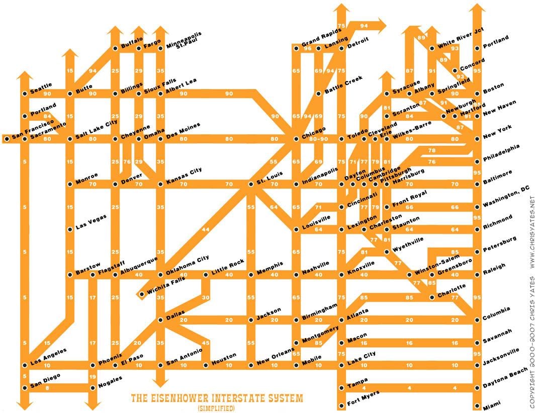 międzystanowy system autostrad na mapie