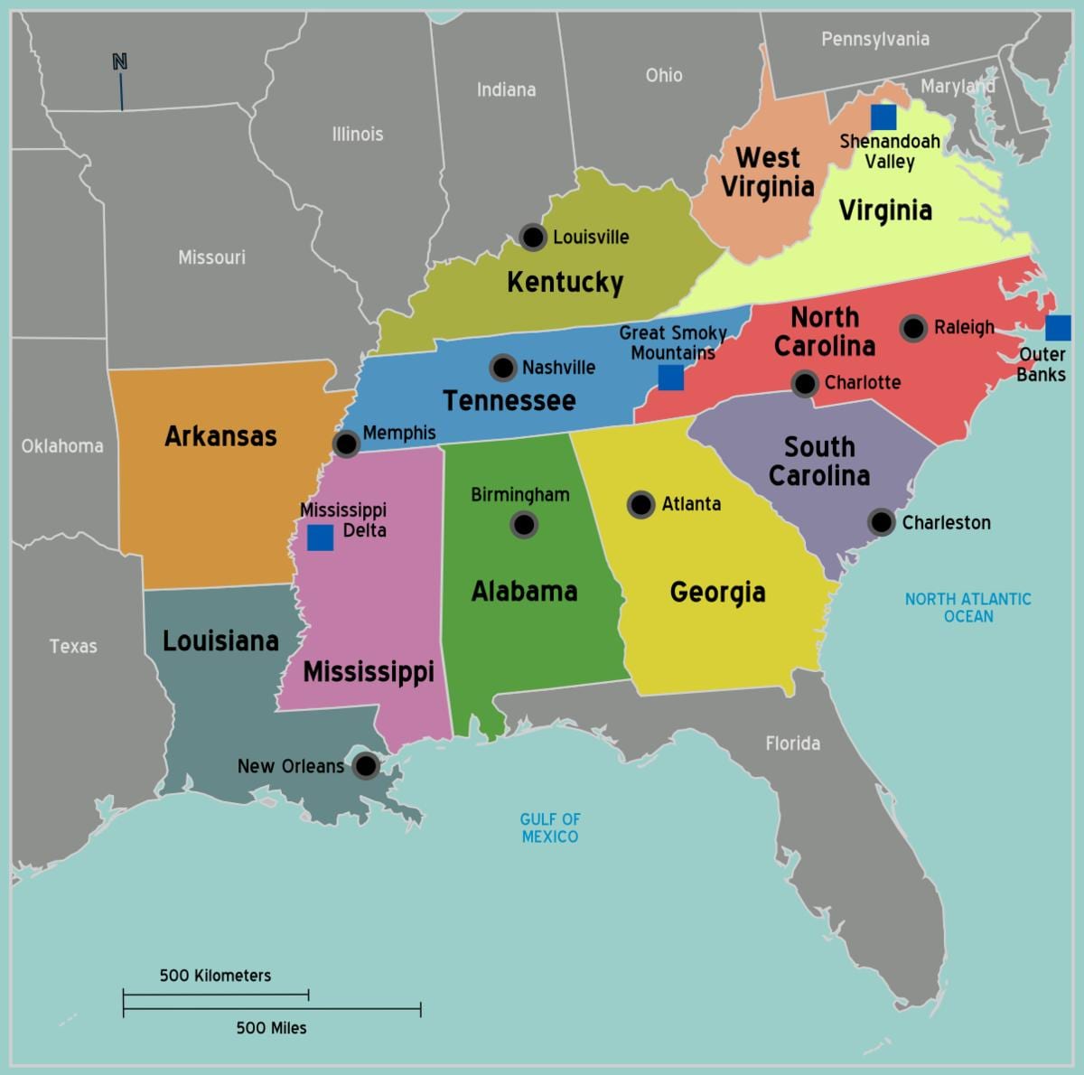 mapa południa USA