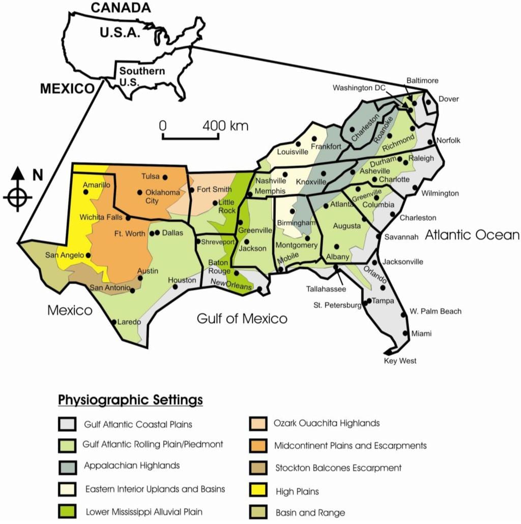południowo-wschodniej części USA na mapie z miastami