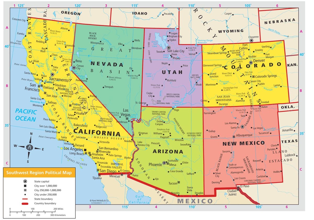 mapa południowo-zachodnie stany USA