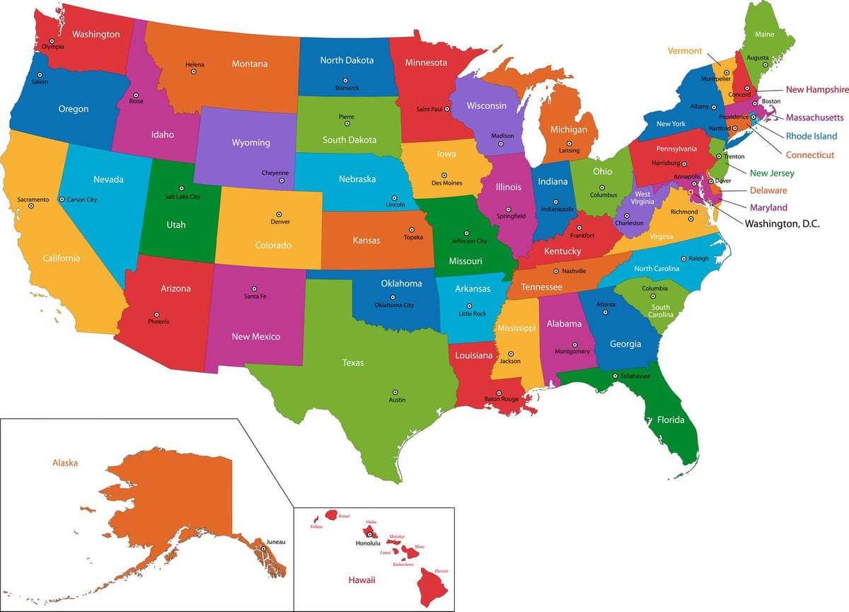 mapa USA ze stanami Zjednoczonymi i stolicami
