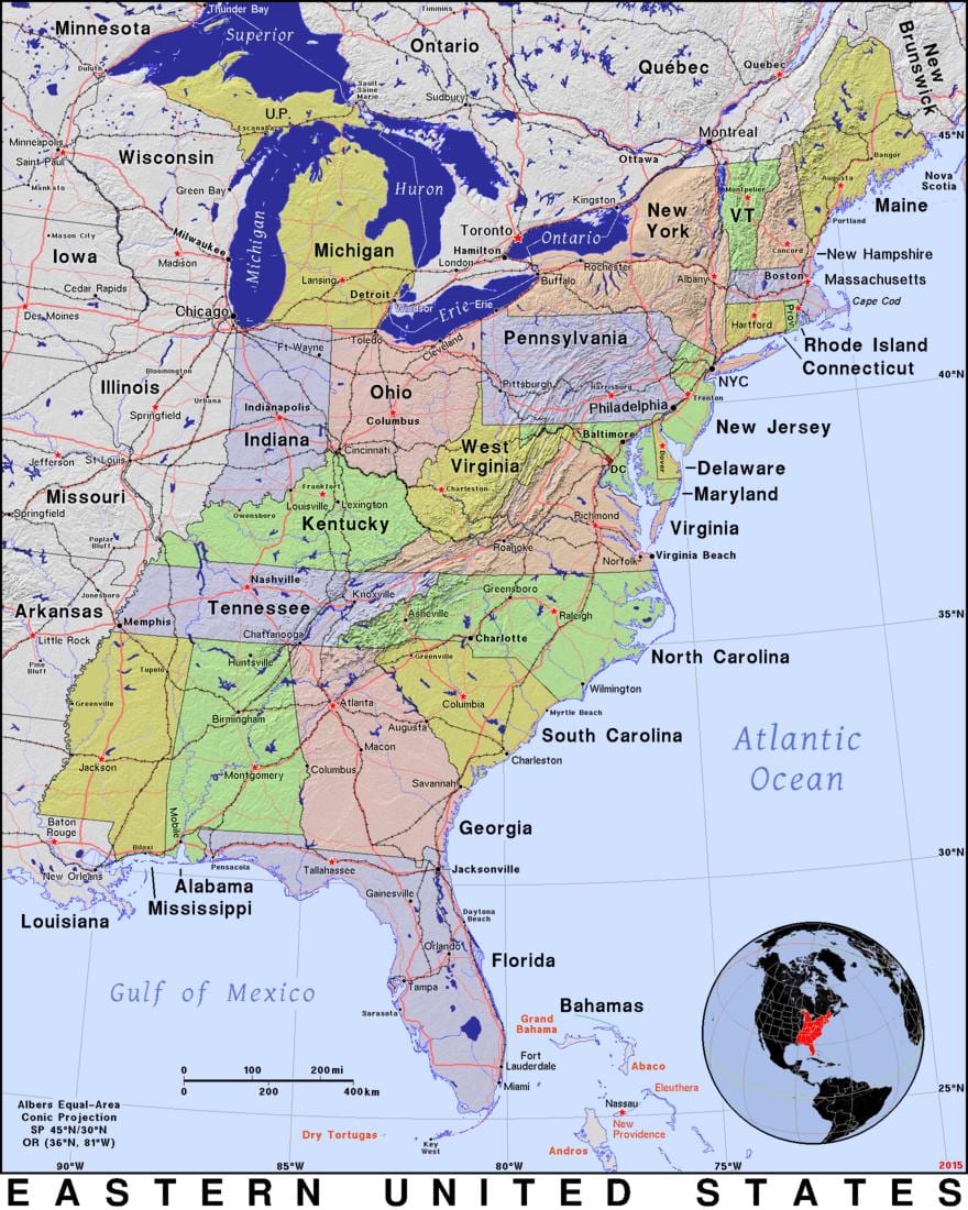 mapa wschodniej części USA