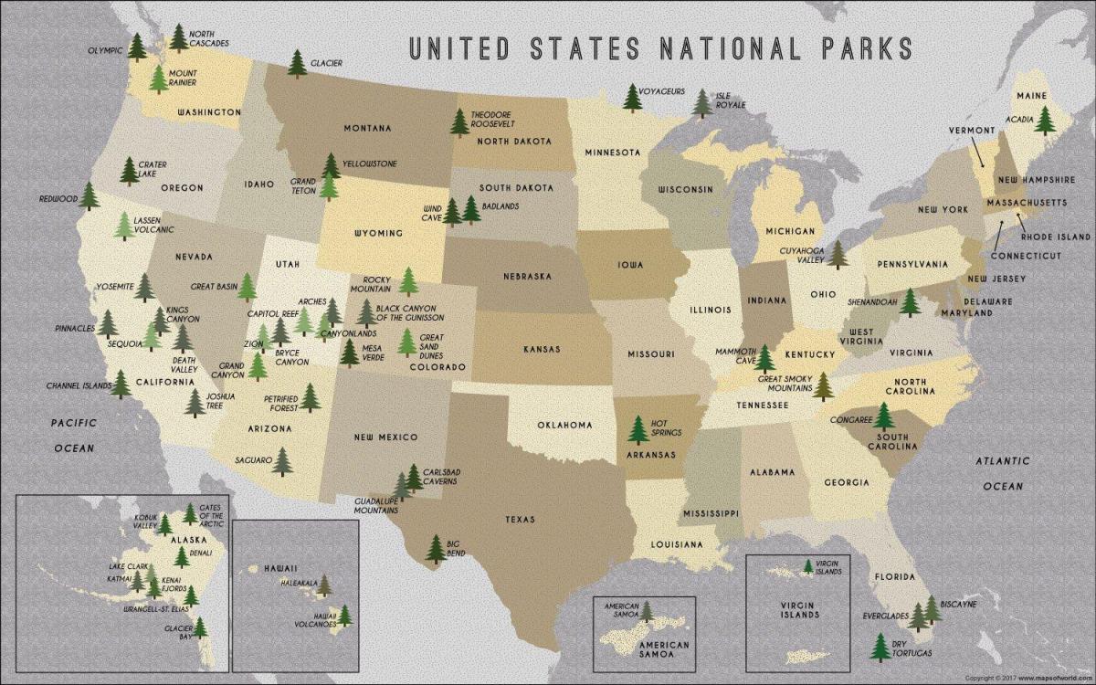 mapa parków narodowych USA