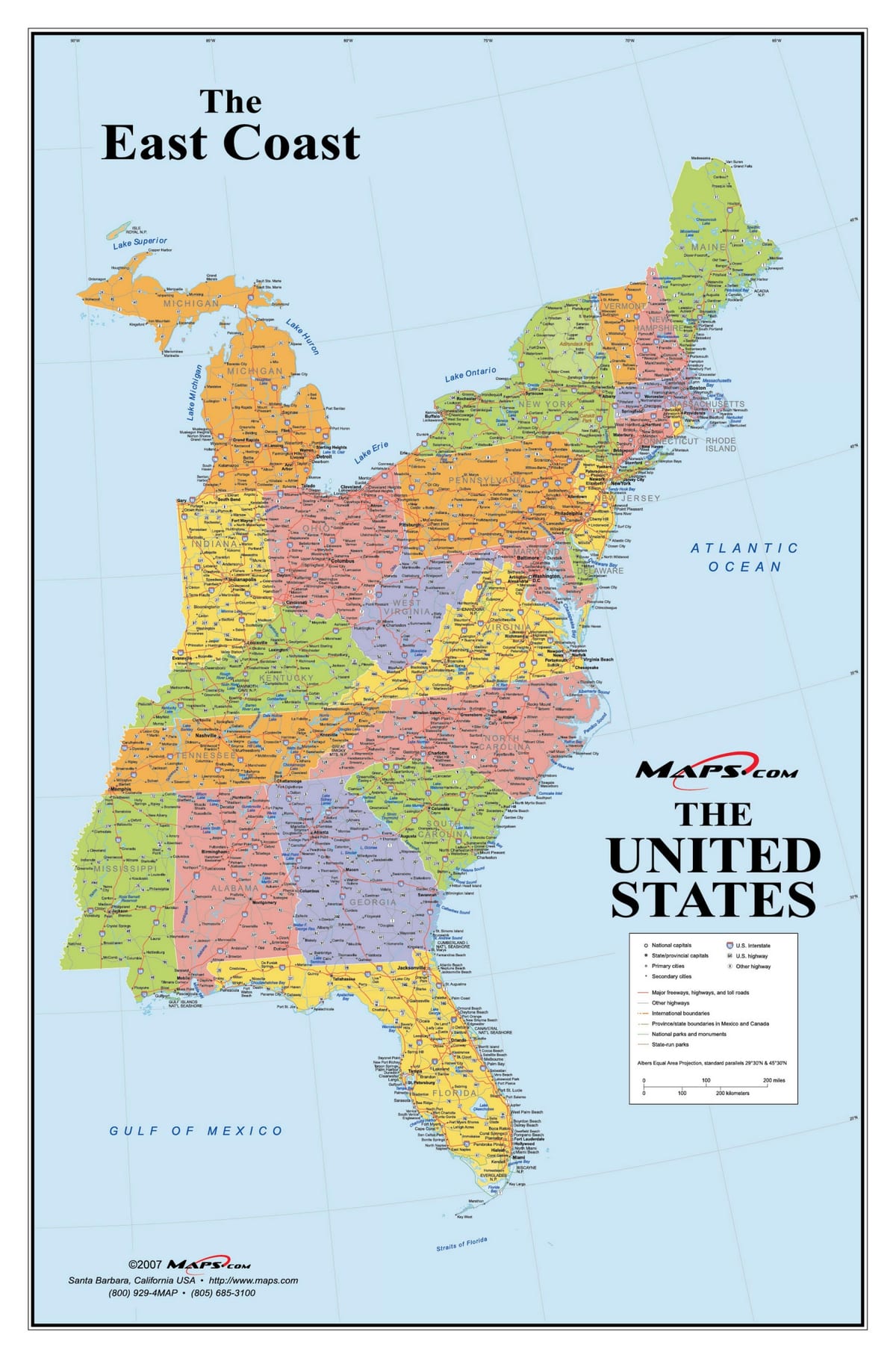 mapa wschodnie wybrzeże USA