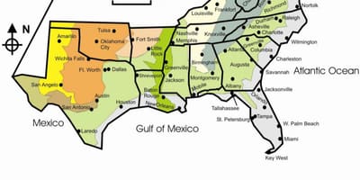 Południowo-wschodniej części USA na mapie z miastami